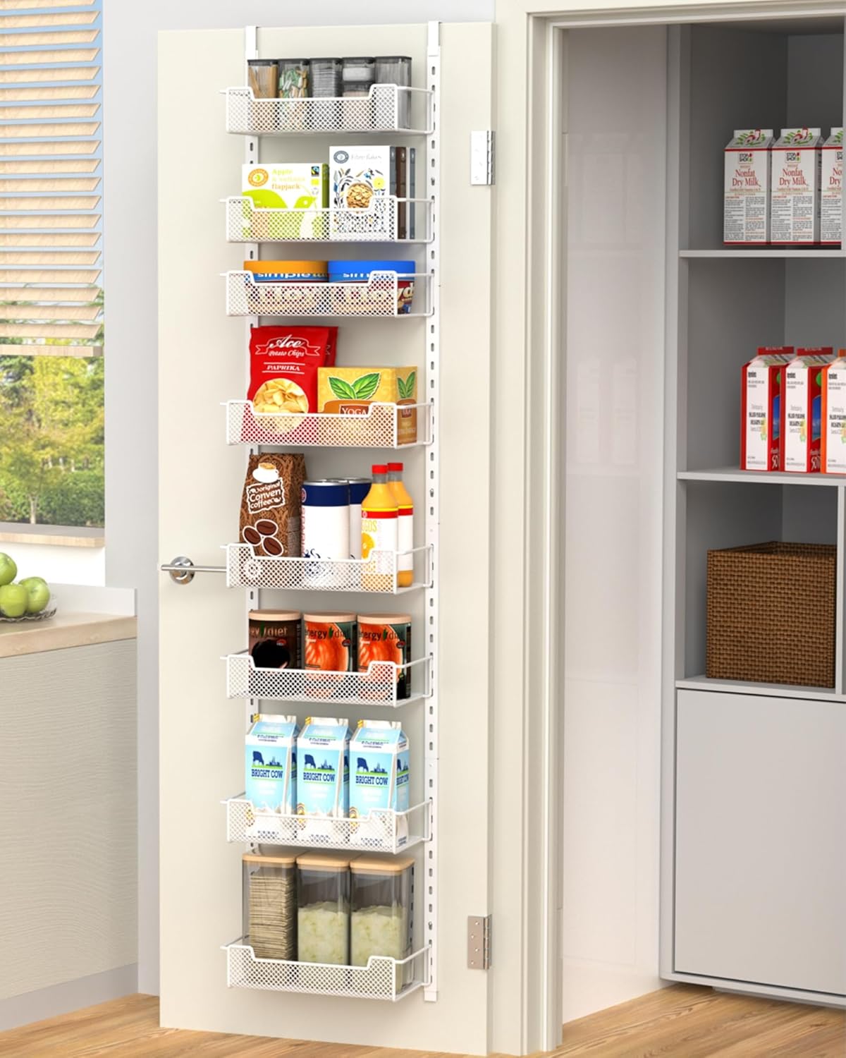 12.3" W Narrow Over the Door Pantry Organizer, 6-Tier Over the Door Organizer with Adjustable Basket, Pantry Door Organization for Pantry Kitchen Storage Room Spice Rack, White