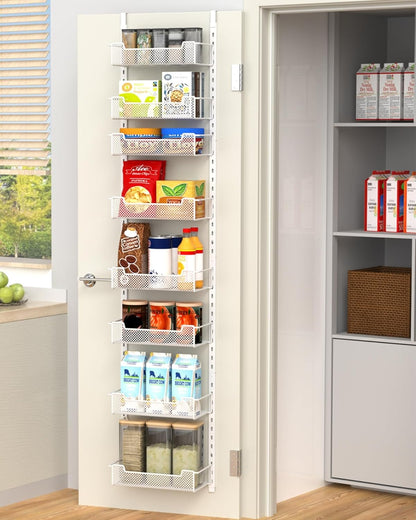 12.3" W Narrow Over the Door Pantry Organizer, 6-Tier Over the Door Organizer with Adjustable Basket, Pantry Door Organization for Pantry Kitchen Storage Room Spice Rack, White