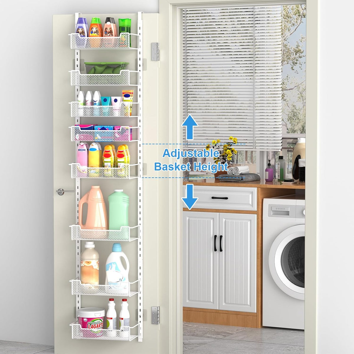 12.3" W Narrow Over the Door Pantry Organizer, 6-Tier Over the Door Organizer with Adjustable Basket, Pantry Door Organization for Pantry Kitchen Storage Room Spice Rack, White