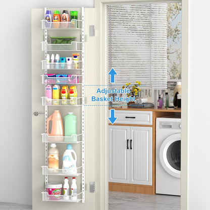 12.3" W Narrow Over the Door Pantry Organizer, 6-Tier Over the Door Organizer with Adjustable Basket, Pantry Door Organization for Pantry Kitchen Storage Room Spice Rack, White