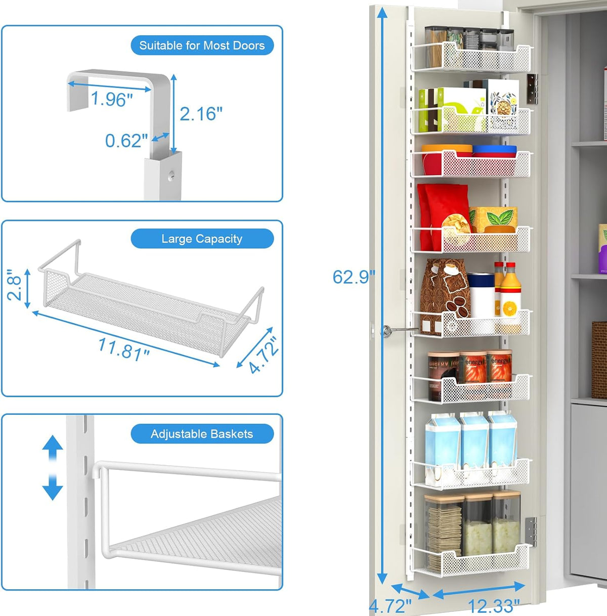 12.3" W Narrow Over the Door Pantry Organizer, 6-Tier Over the Door Organizer with Adjustable Basket, Pantry Door Organization for Pantry Kitchen Storage Room Spice Rack, White