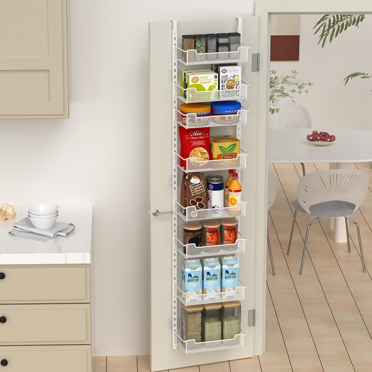 12.3" W Narrow Over the Door Pantry Organizer, 6-Tier Over the Door Organizer with Adjustable Basket, Pantry Door Organization for Pantry Kitchen Storage Room Spice Rack, White