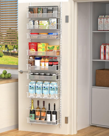 12.3" W Narrow Over the Door Pantry Organizer, 6-Tier Over the Door Organizer with Adjustable Basket, Pantry Door Organization for Pantry Kitchen Storage Room Spice Rack, White