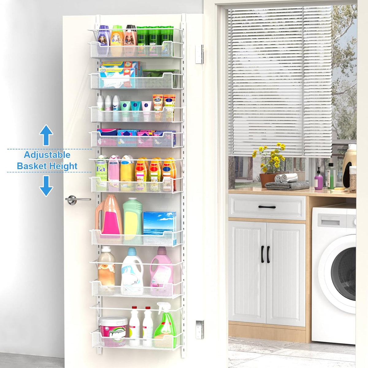 12.3" W Narrow Over the Door Pantry Organizer, 6-Tier Over the Door Organizer with Adjustable Basket, Pantry Door Organization for Pantry Kitchen Storage Room Spice Rack, White