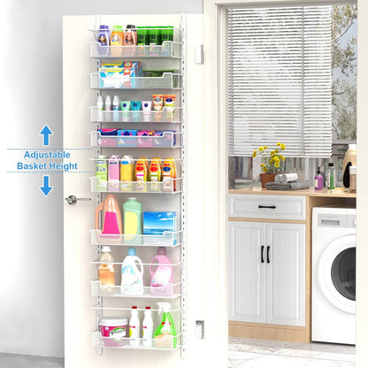 12.3" W Narrow Over the Door Pantry Organizer, 6-Tier Over the Door Organizer with Adjustable Basket, Pantry Door Organization for Pantry Kitchen Storage Room Spice Rack, White