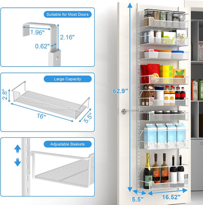 12.3" W Narrow Over the Door Pantry Organizer, 6-Tier Over the Door Organizer with Adjustable Basket, Pantry Door Organization for Pantry Kitchen Storage Room Spice Rack, White