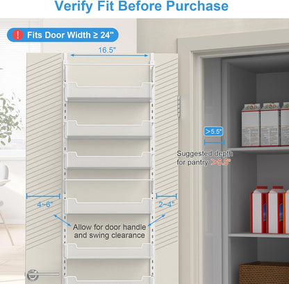 12.3" W Narrow Over the Door Pantry Organizer, 6-Tier Over the Door Organizer with Adjustable Basket, Pantry Door Organization for Pantry Kitchen Storage Room Spice Rack, White