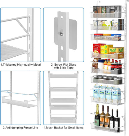12.3" W Narrow Over the Door Pantry Organizer, 6-Tier Over the Door Organizer with Adjustable Basket, Pantry Door Organization for Pantry Kitchen Storage Room Spice Rack, White