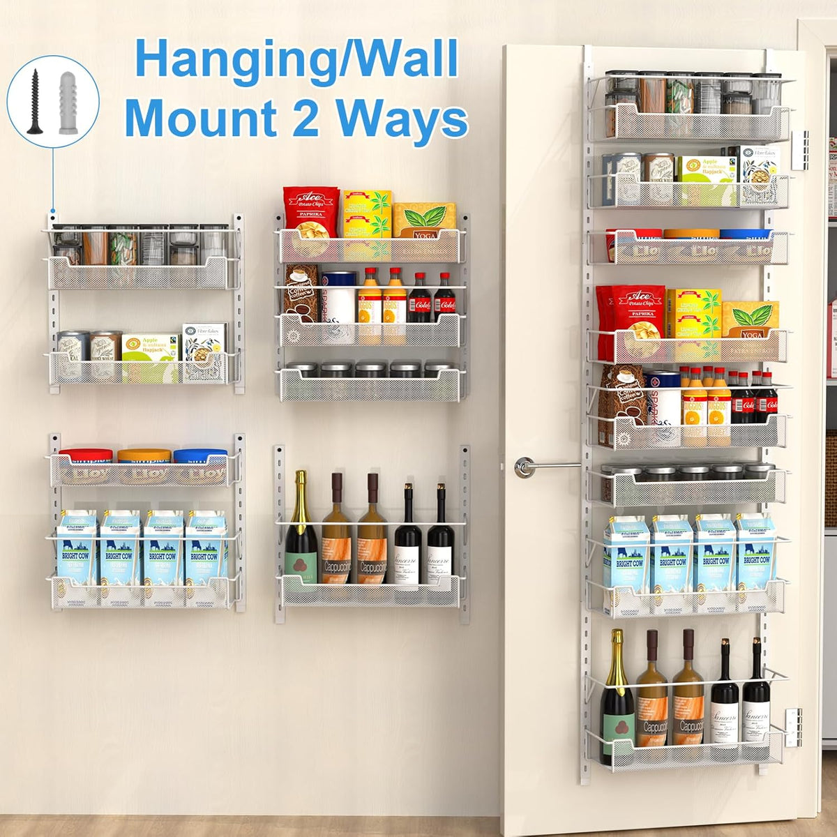 12.3" W Narrow Over the Door Pantry Organizer, 6-Tier Over the Door Organizer with Adjustable Basket, Pantry Door Organization for Pantry Kitchen Storage Room Spice Rack, White