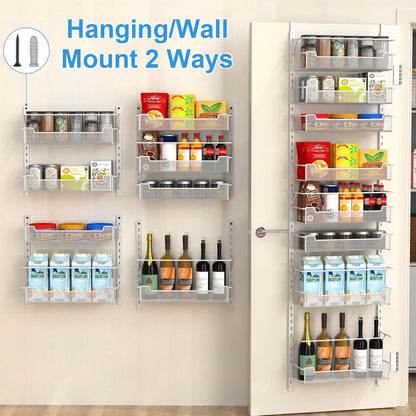 12.3" W Narrow Over the Door Pantry Organizer, 6-Tier Over the Door Organizer with Adjustable Basket, Pantry Door Organization for Pantry Kitchen Storage Room Spice Rack, White
