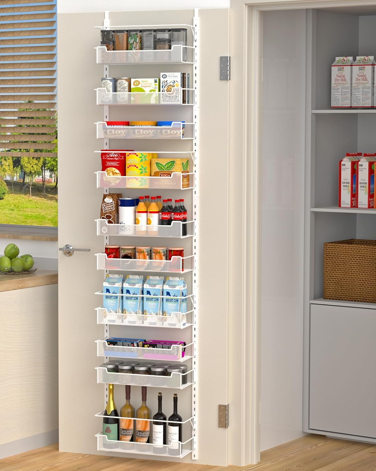 12.3" W Narrow Over the Door Pantry Organizer, 6-Tier Over the Door Organizer with Adjustable Basket, Pantry Door Organization for Pantry Kitchen Storage Room Spice Rack, White