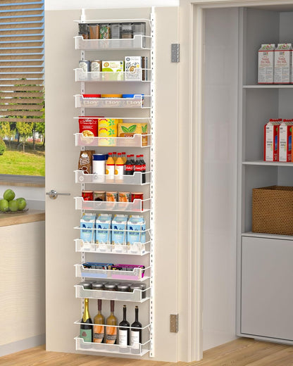 12.3" W Narrow Over the Door Pantry Organizer, 6-Tier Over the Door Organizer with Adjustable Basket, Pantry Door Organization for Pantry Kitchen Storage Room Spice Rack, White
