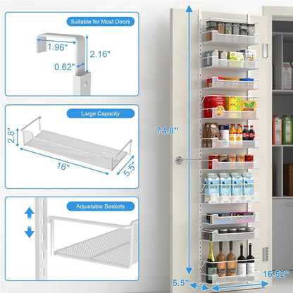 12.3" W Narrow Over the Door Pantry Organizer, 6-Tier Over the Door Organizer with Adjustable Basket, Pantry Door Organization for Pantry Kitchen Storage Room Spice Rack, White