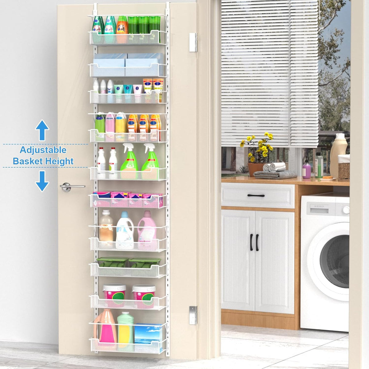 12.3" W Narrow Over the Door Pantry Organizer, 6-Tier Over the Door Organizer with Adjustable Basket, Pantry Door Organization for Pantry Kitchen Storage Room Spice Rack, White