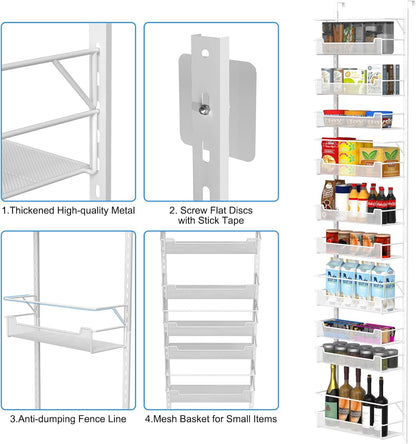 12.3" W Narrow Over the Door Pantry Organizer, 6-Tier Over the Door Organizer with Adjustable Basket, Pantry Door Organization for Pantry Kitchen Storage Room Spice Rack, White
