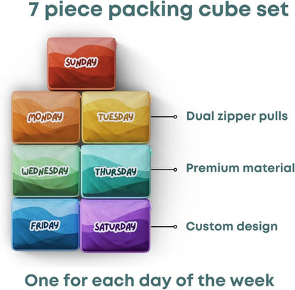 Packing Cubes for Kids & Baby Days of the Week 7 Set Daily Outfit Suitcase Organizers for Boys and Girls Summer Camp, Cruise, and Family Vacation (Large)