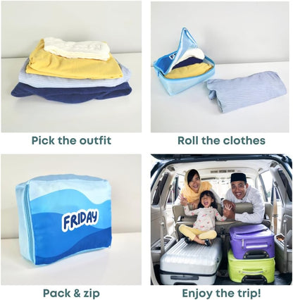 Packing Cubes for Kids & Baby Days of the Week 7 Set Daily Outfit Suitcase Organizers for Boys and Girls Summer Camp, Cruise, and Family Vacation (Large)