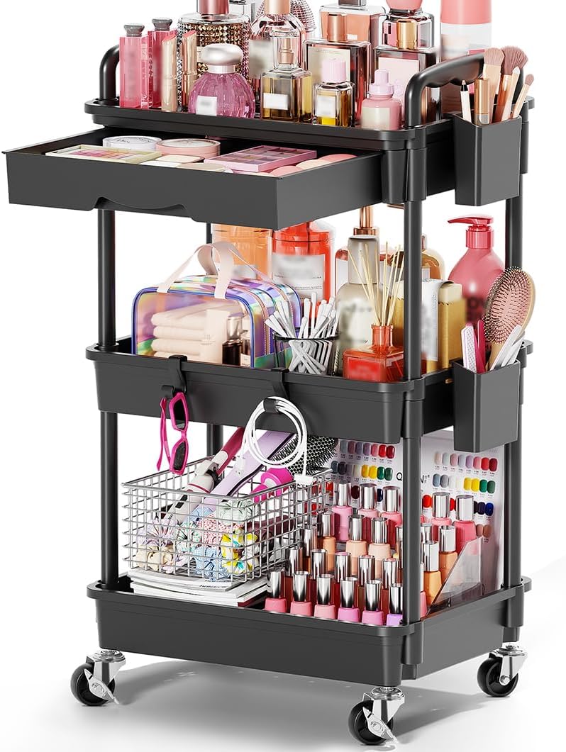 Rolling Makeup Organizer Cart with Removable Drawer, 3 Tier White