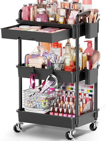 Rolling Makeup Organizer Cart with Removable Drawer, 3 Tier White