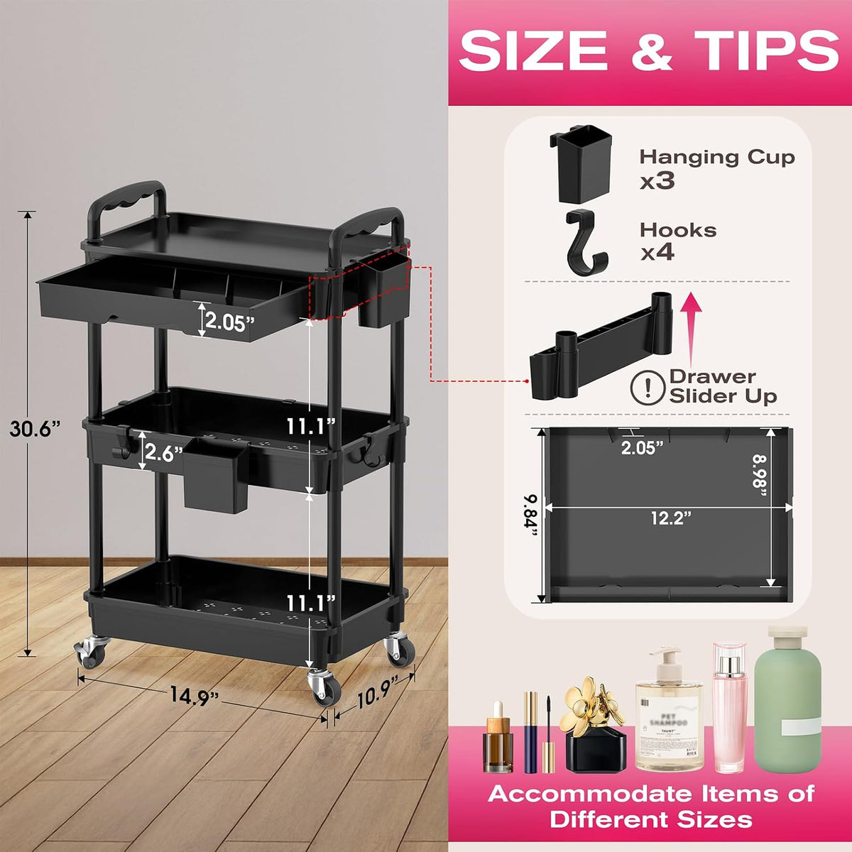 Rolling Makeup Organizer Cart with Removable Drawer, 3 Tier White