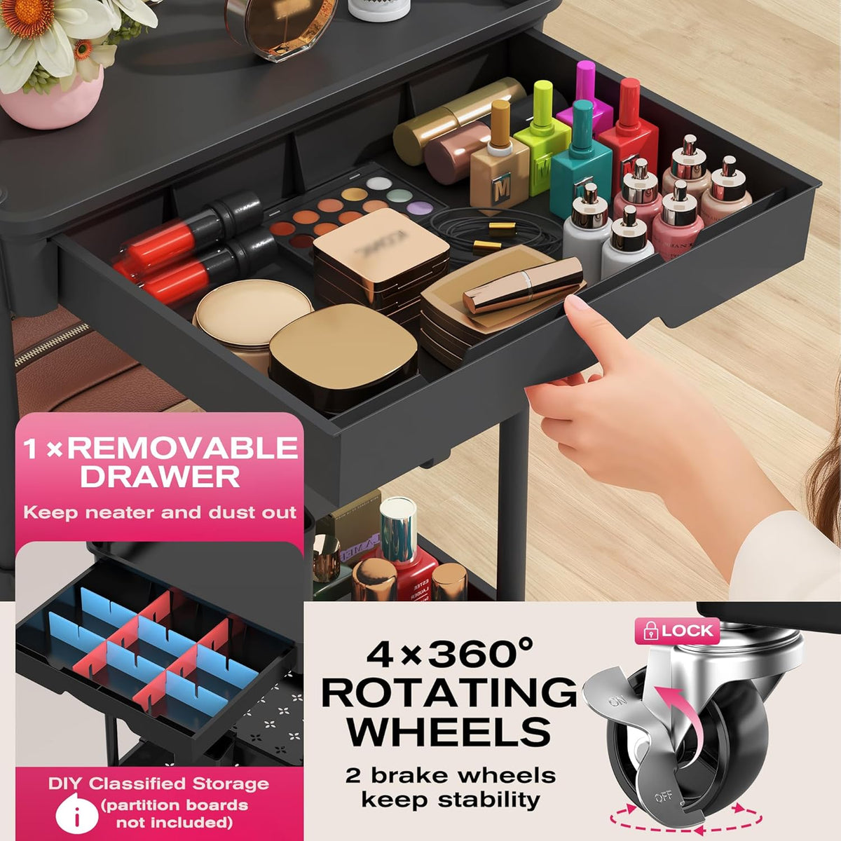 Rolling Makeup Organizer Cart with Removable Drawer, 3 Tier White
