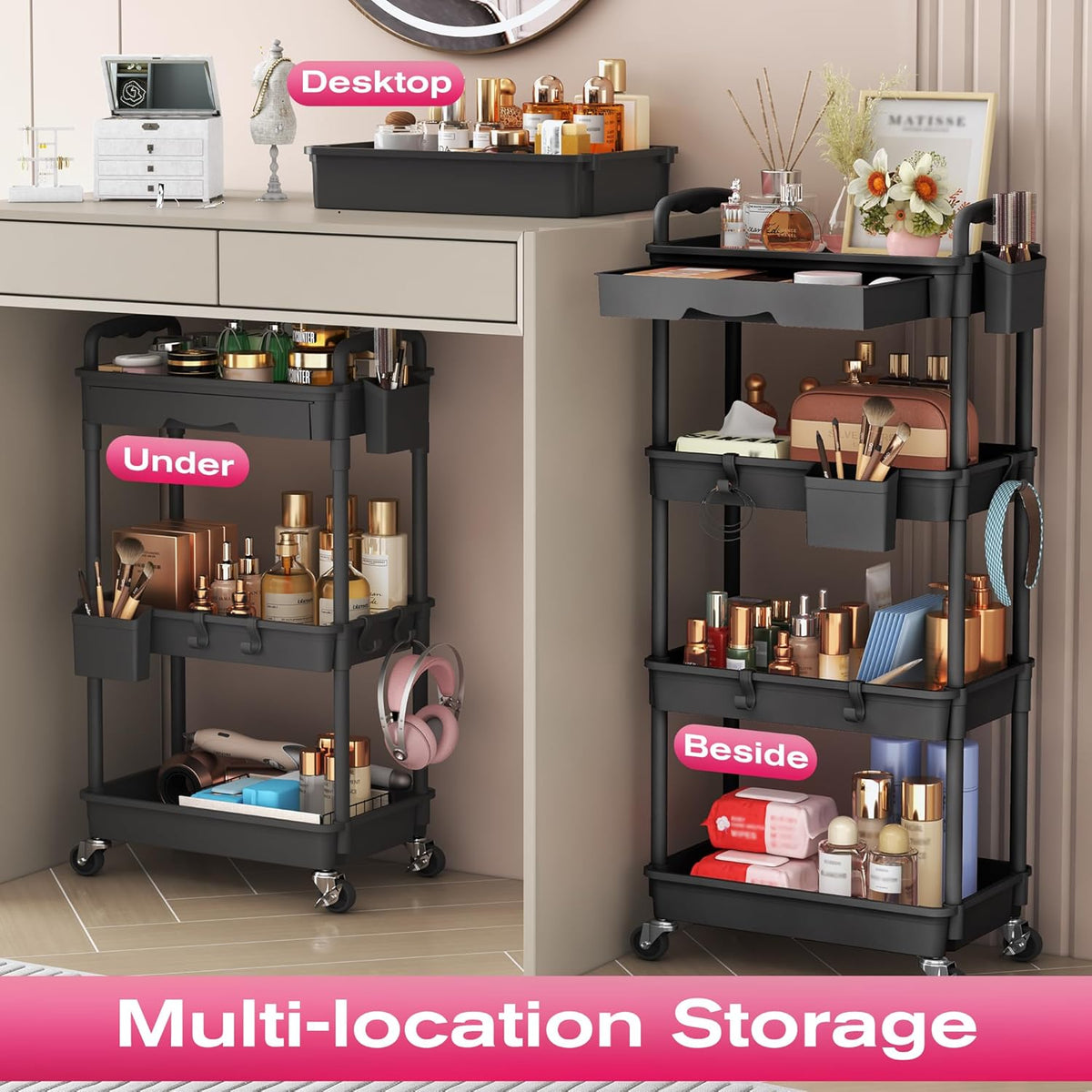 Rolling Makeup Organizer Cart with Removable Drawer, 3 Tier White