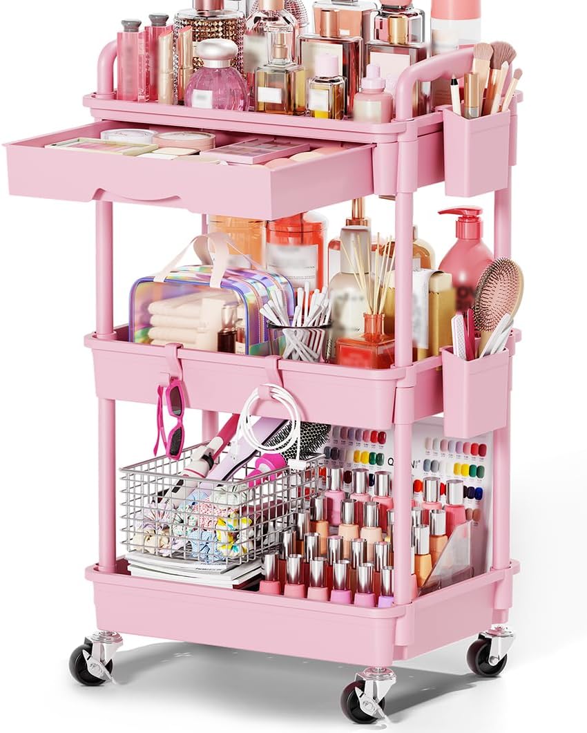 Rolling Makeup Organizer Cart with Removable Drawer, 3 Tier White
