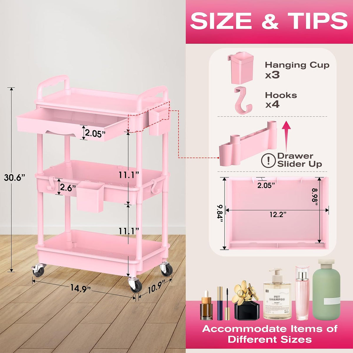 Rolling Makeup Organizer Cart with Removable Drawer, 3 Tier White