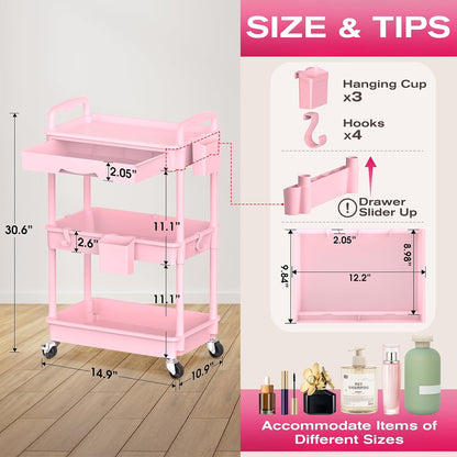 Rolling Makeup Organizer Cart with Removable Drawer, 3 Tier White