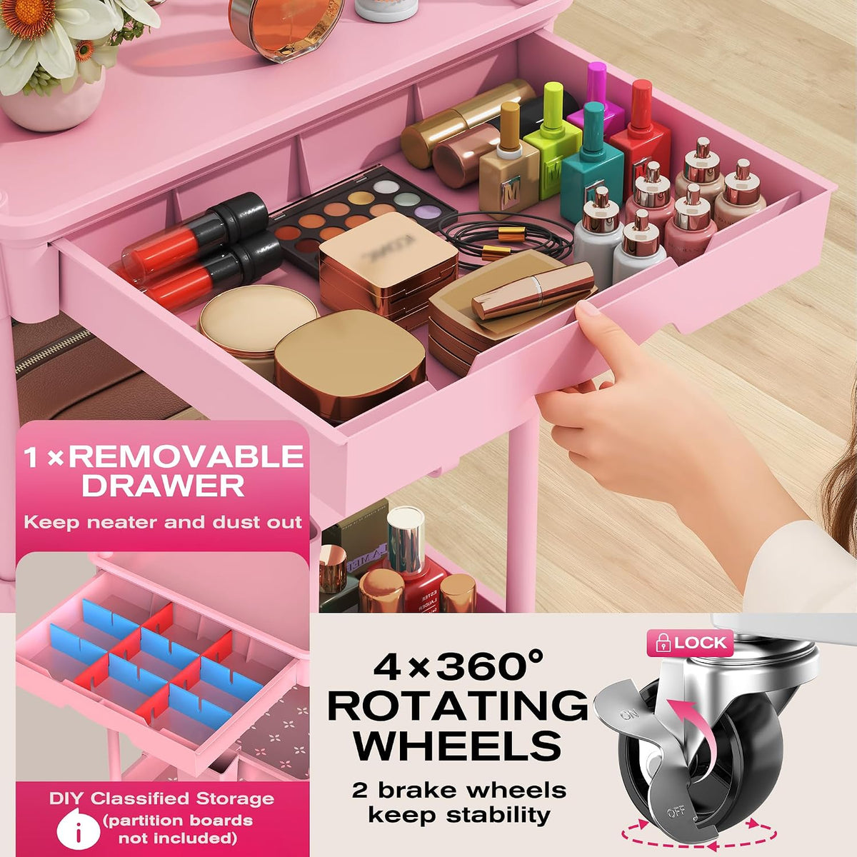 Rolling Makeup Organizer Cart with Removable Drawer, 3 Tier White