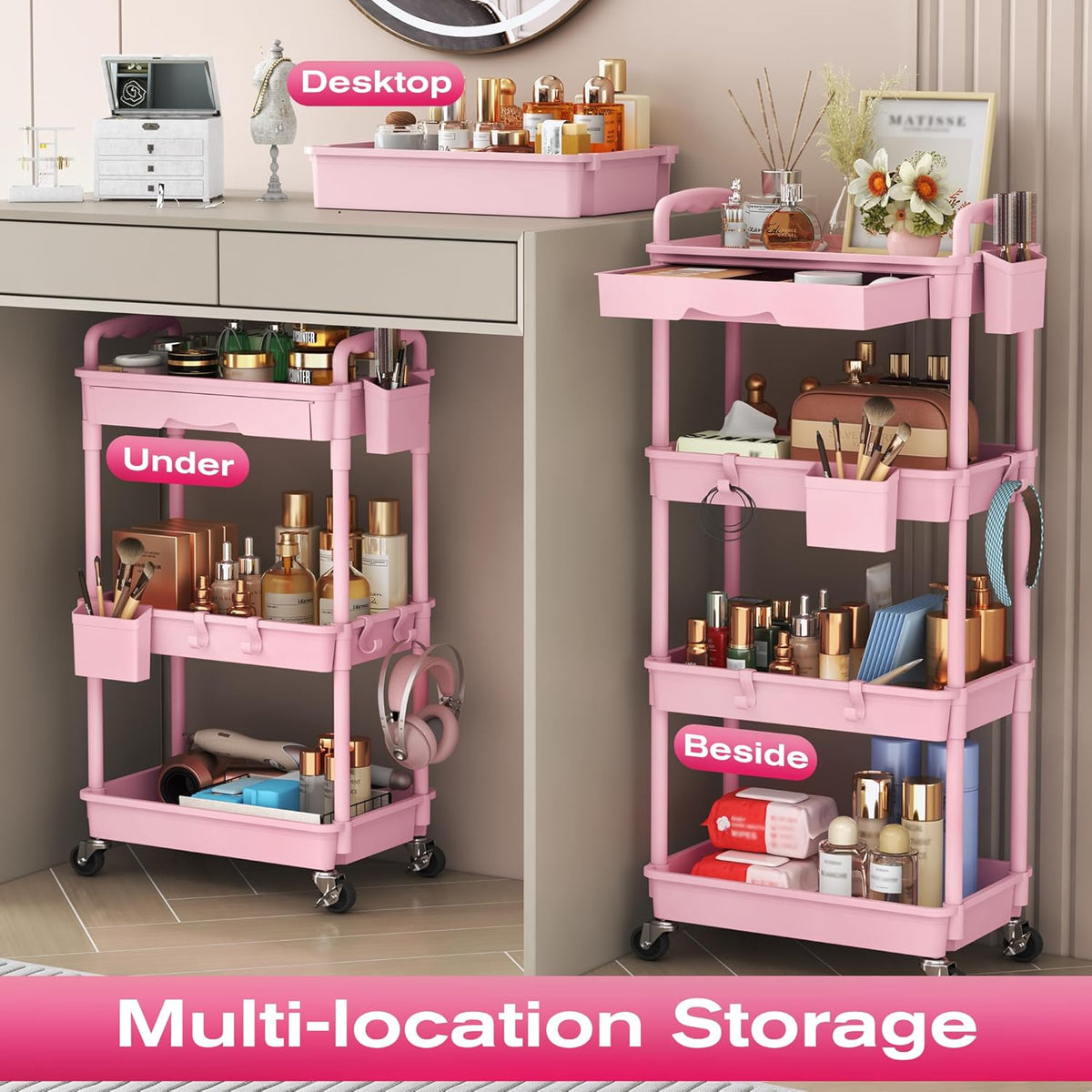Rolling Makeup Organizer Cart with Removable Drawer, 3 Tier White