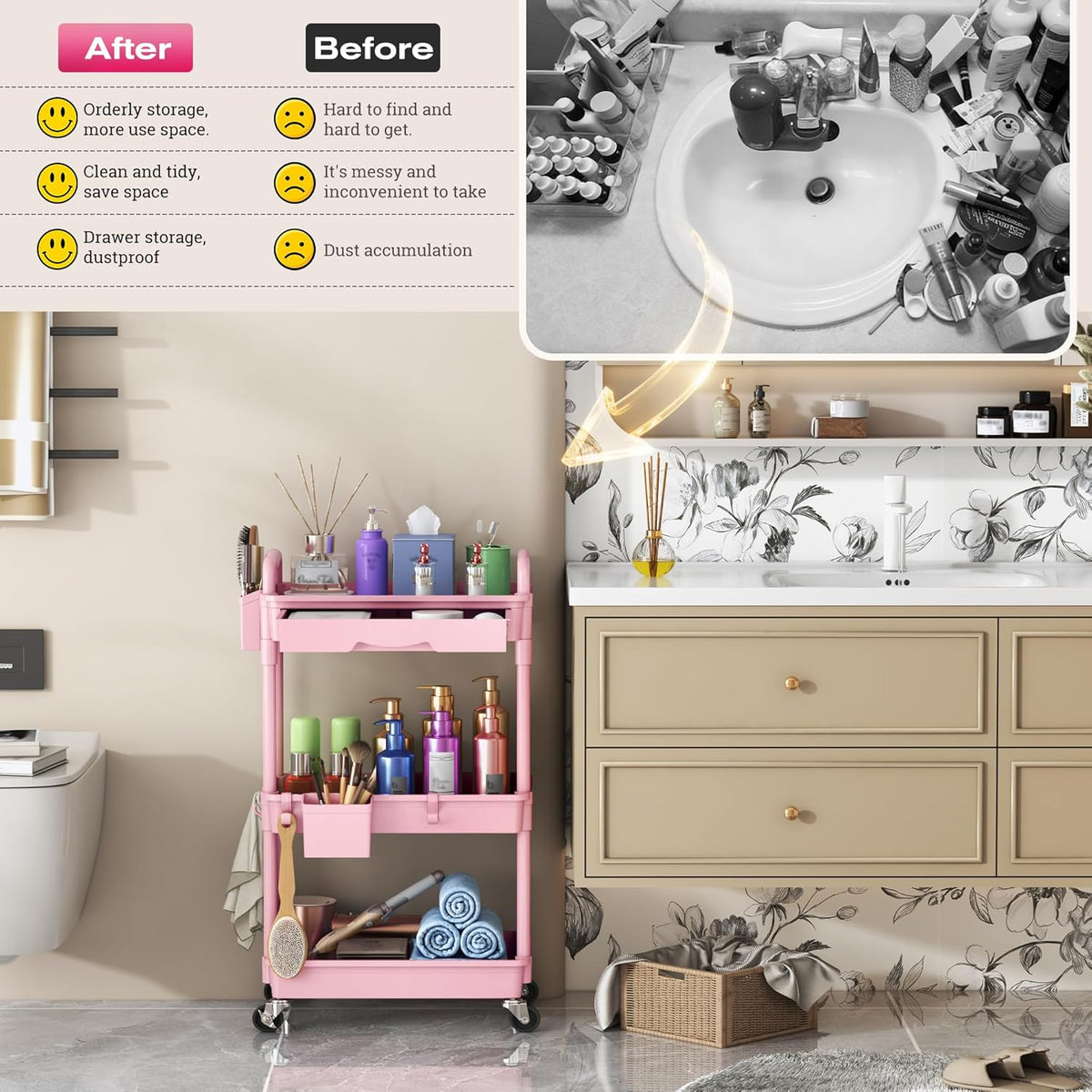 Rolling Makeup Organizer Cart with Removable Drawer, 3 Tier White