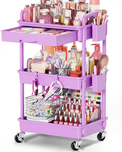Rolling Makeup Organizer Cart with Removable Drawer, 3 Tier White