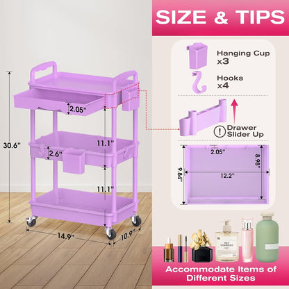 Rolling Makeup Organizer Cart with Removable Drawer, 3 Tier White