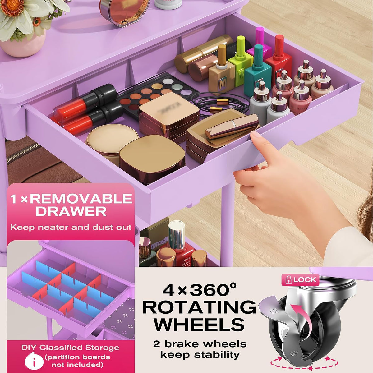 Rolling Makeup Organizer Cart with Removable Drawer, 3 Tier White