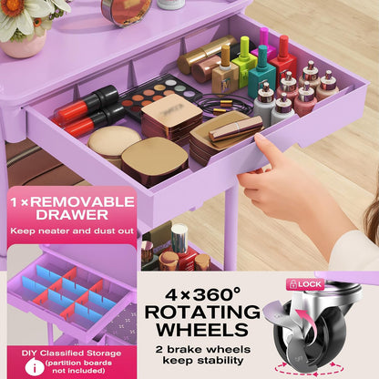 Rolling Makeup Organizer Cart with Removable Drawer, 3 Tier White