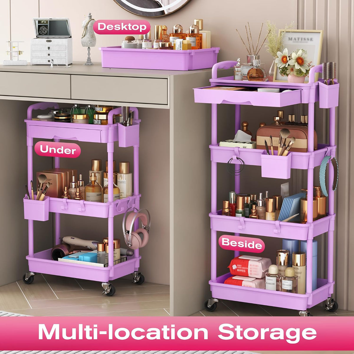 Rolling Makeup Organizer Cart with Removable Drawer, 3 Tier White