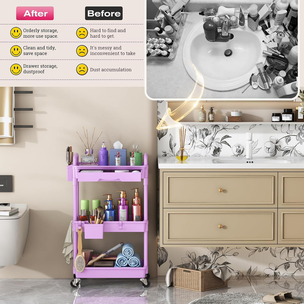 Rolling Makeup Organizer Cart with Removable Drawer, 3 Tier White