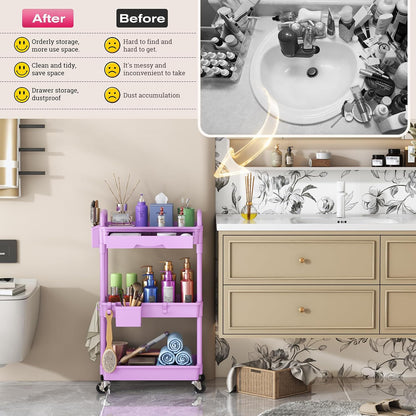 Rolling Makeup Organizer Cart with Removable Drawer, 3 Tier White