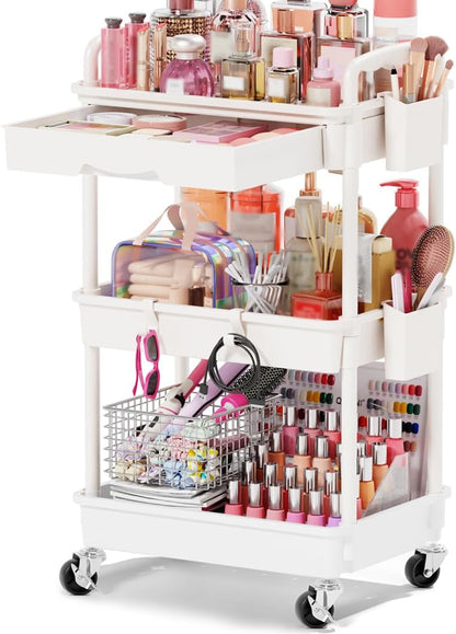 Rolling Makeup Organizer Cart with Removable Drawer, 3 Tier White