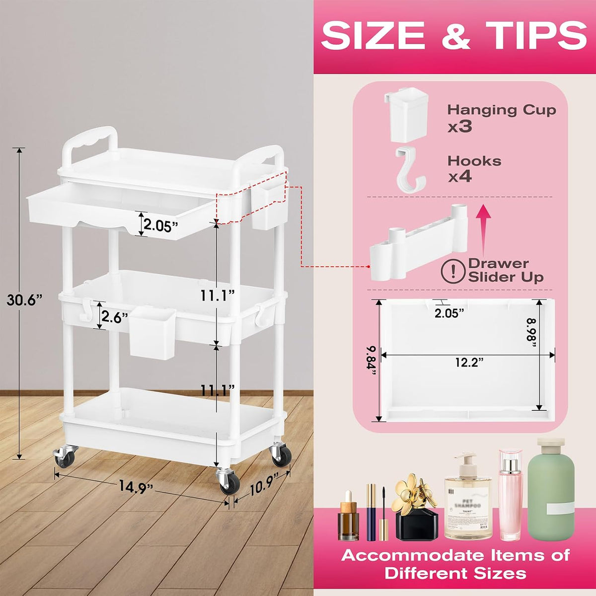 Rolling Makeup Organizer Cart with Removable Drawer, 3 Tier White