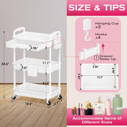 Rolling Makeup Organizer Cart with Removable Drawer, 3 Tier White