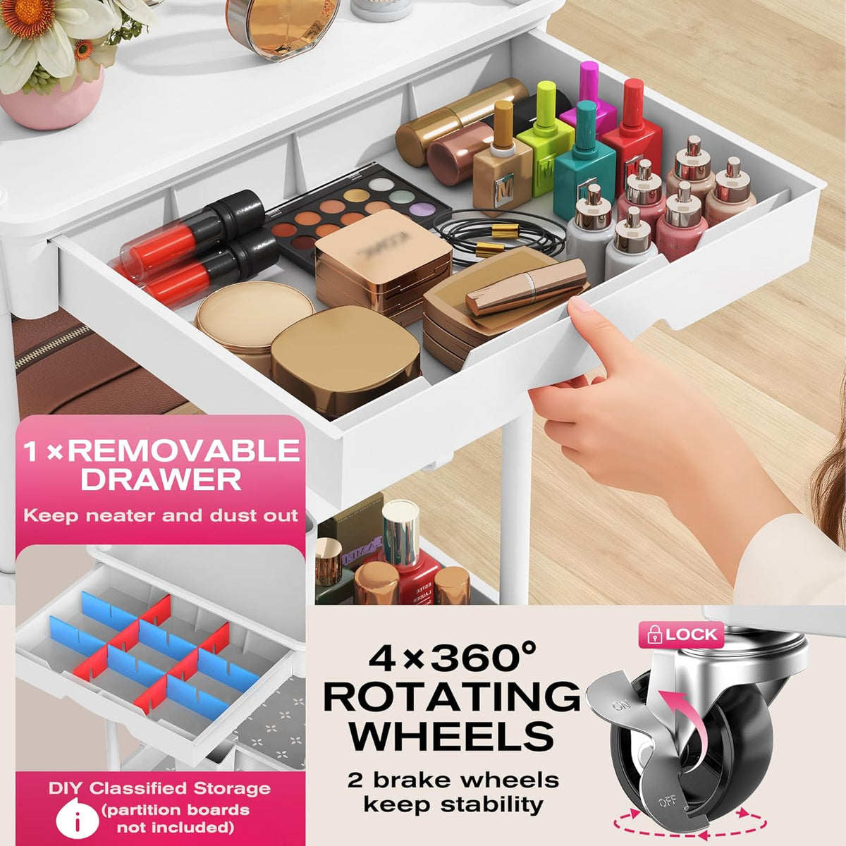 Rolling Makeup Organizer Cart with Removable Drawer, 3 Tier White