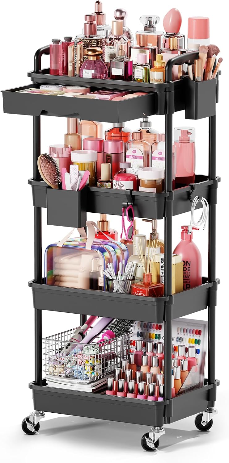 Rolling Makeup Organizer Cart with Removable Drawer, 3 Tier White