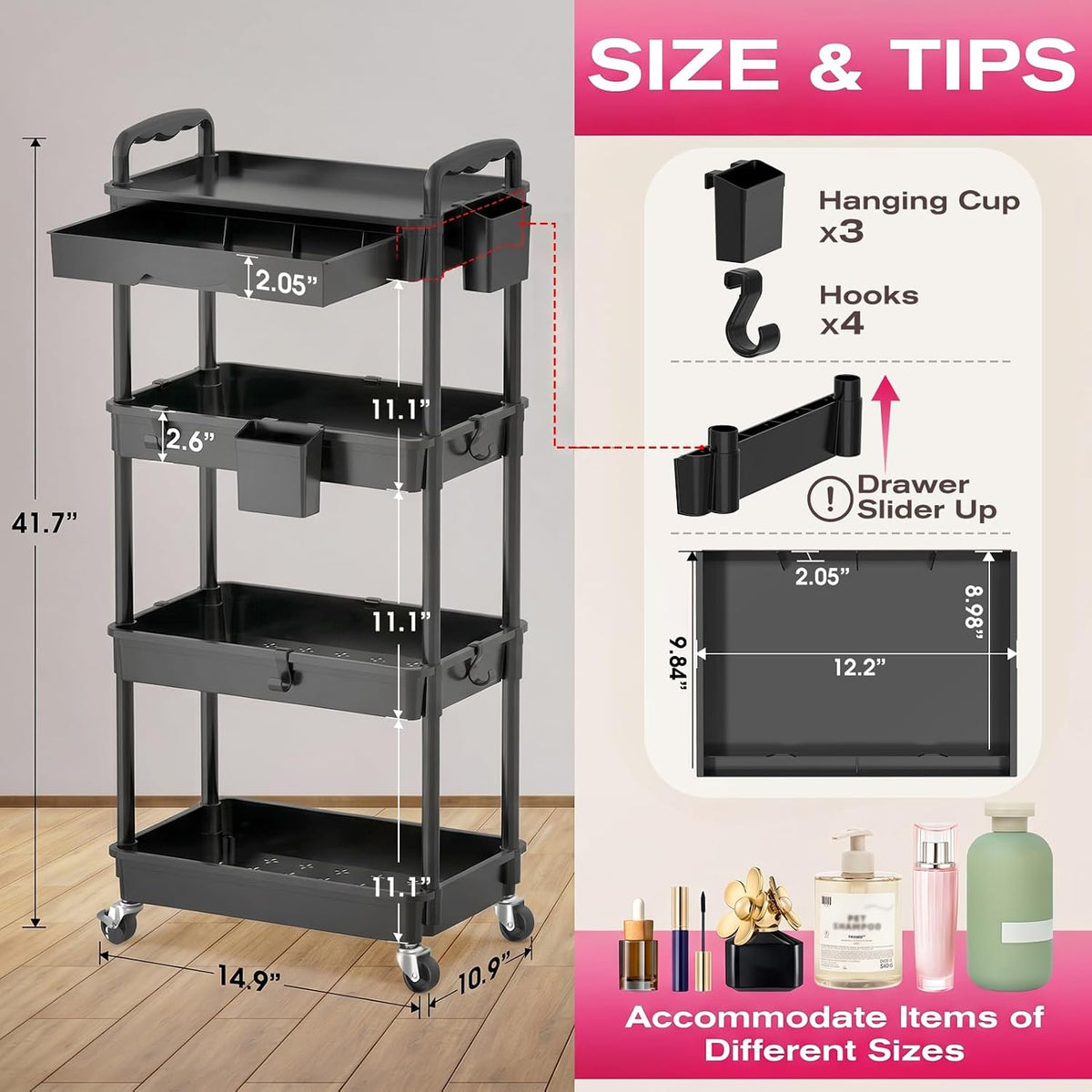 Rolling Makeup Organizer Cart with Removable Drawer, 3 Tier White