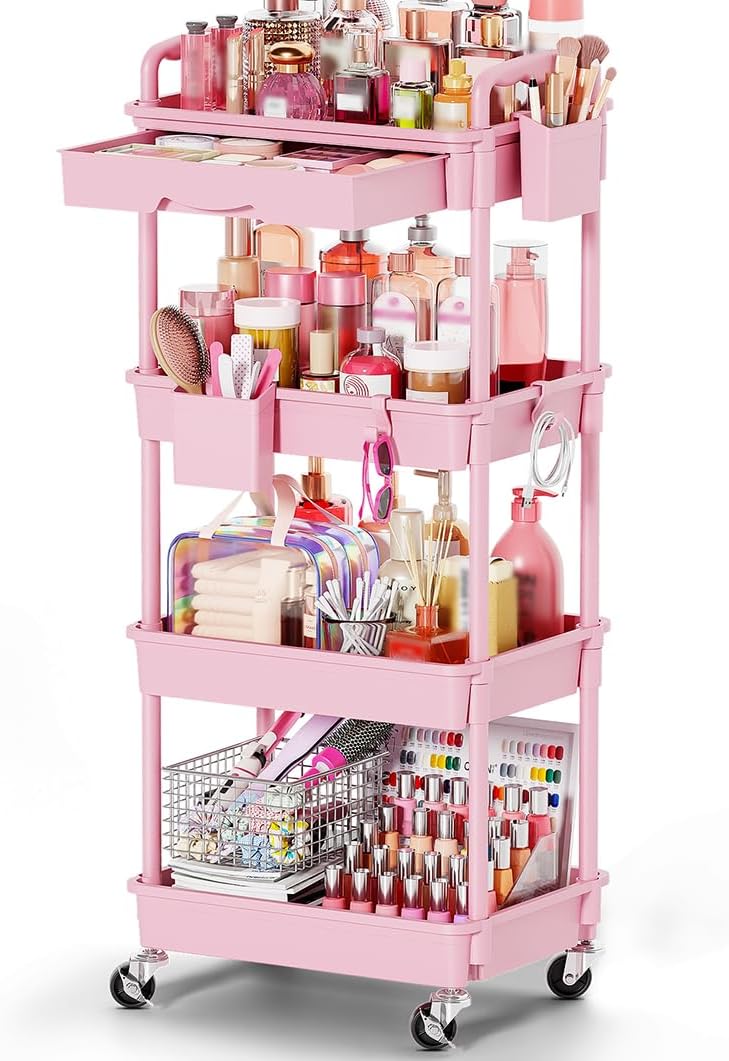 Rolling Makeup Organizer Cart with Removable Drawer, 3 Tier White