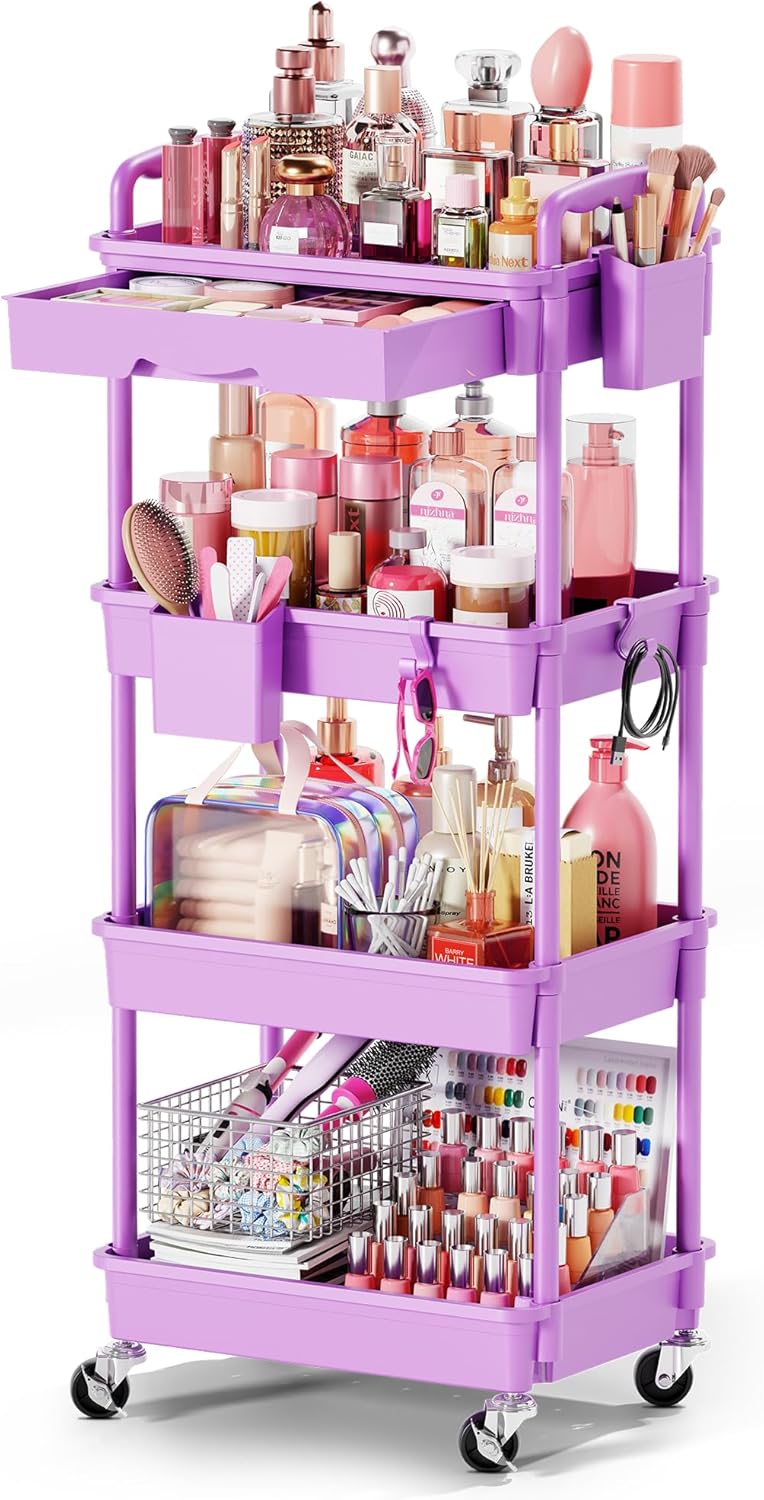 Rolling Makeup Organizer Cart with Removable Drawer, 3 Tier White