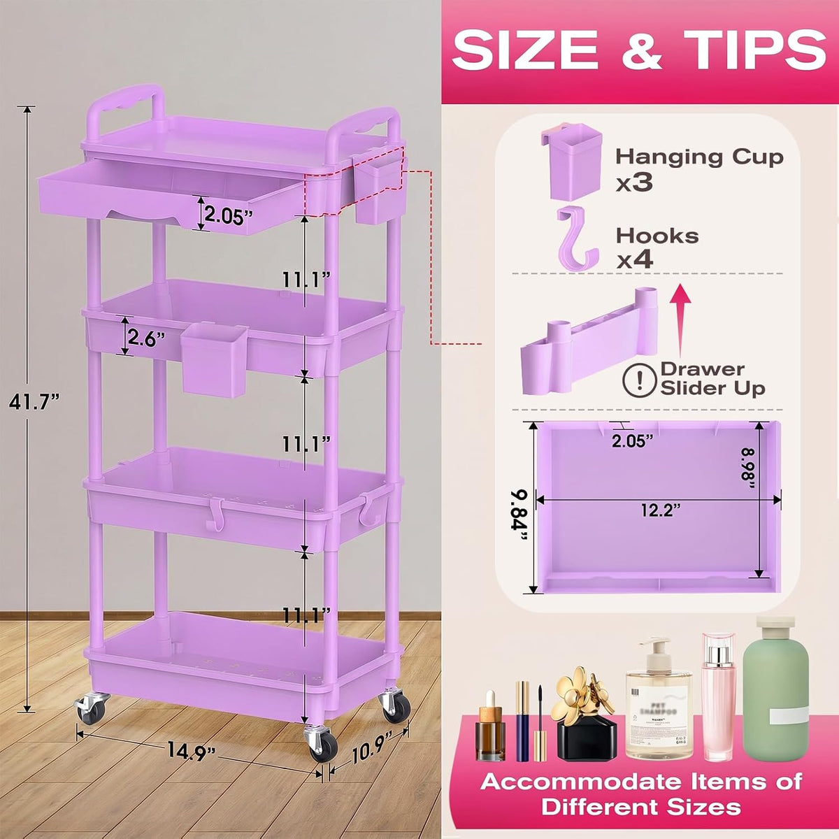 Rolling Makeup Organizer Cart with Removable Drawer, 3 Tier White