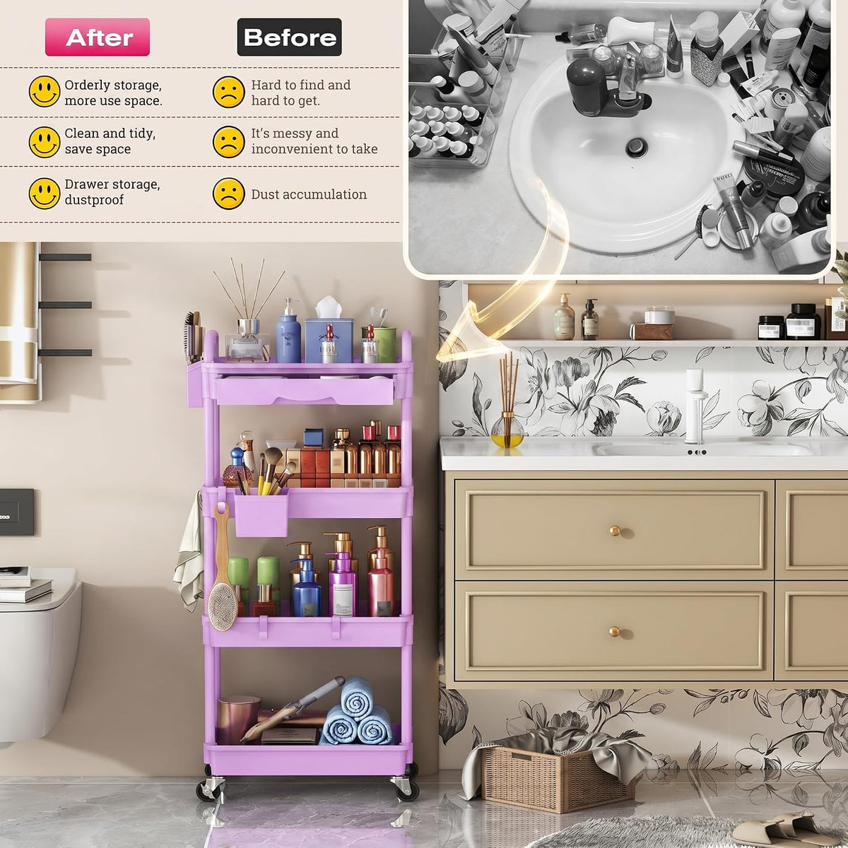 Rolling Makeup Organizer Cart with Removable Drawer, 3 Tier White
