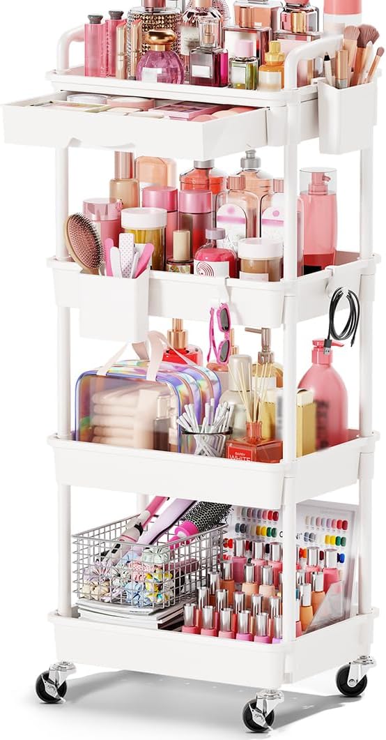 Rolling Makeup Organizer Cart with Removable Drawer, 3 Tier White